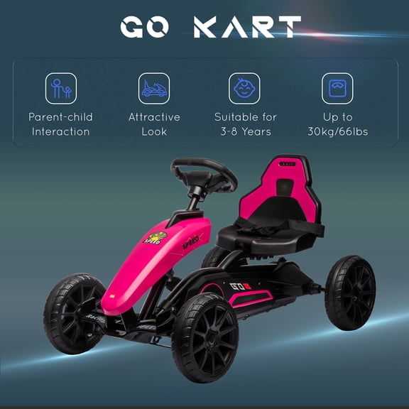 HMYG Pedal Go Kart with Swing Axle and Shock-Absorbing Wheels, Ages 3-8, Pink