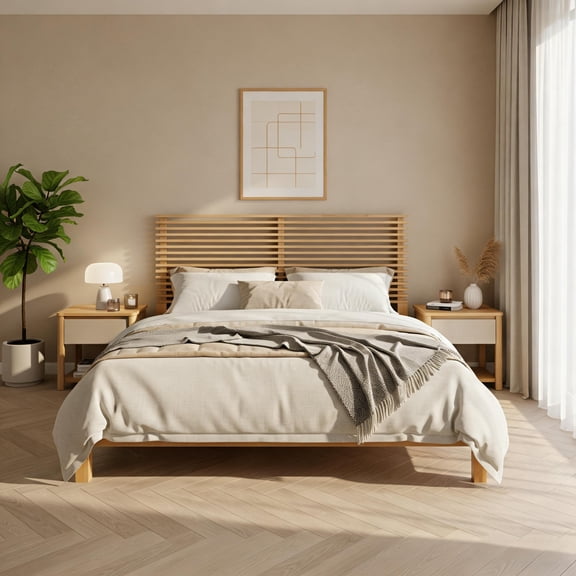 HMYG Premium Solid Wood Queen Size Platform Bed Frame with Horizontal Slat Headboard,Modern Natural Wood Bedroom Furniture,600 lbs Weight Capacity,No Box Spring Needed,Fits All Mattresses