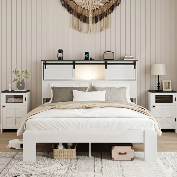 HMYG QUEEN size bed,metal bed frame with charging station,no need for box spring,(white),no noise,easy to assemble