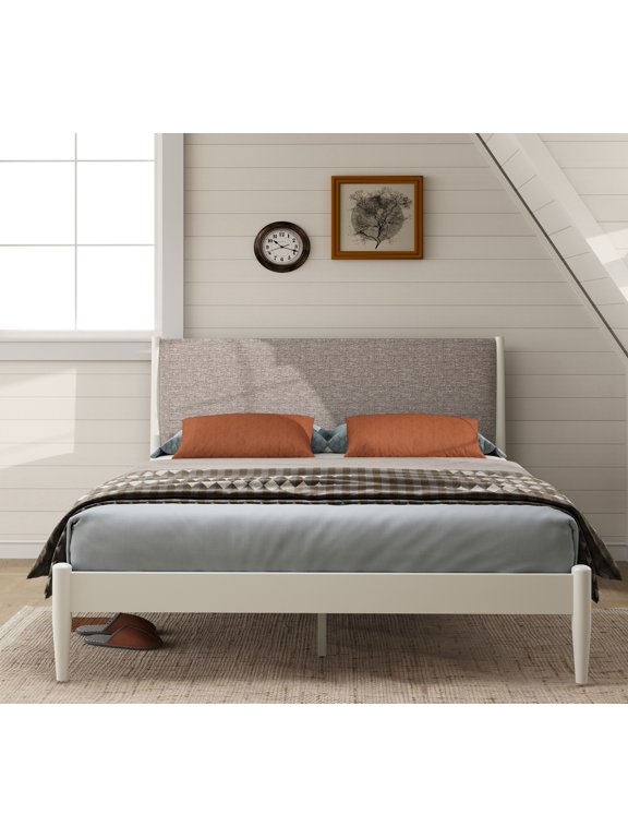 Queen Rubberwood Platform Bed, Cream White