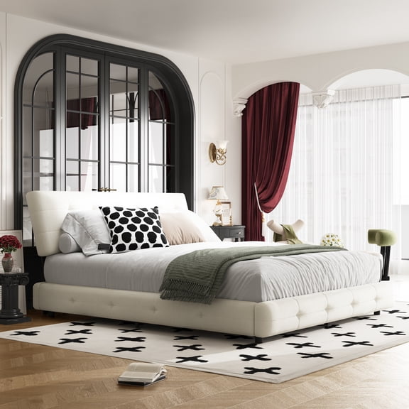 HMYG Queen Chenille Platform Bed with Tufted Cloud Pillow Headboard, Metal and Wooden Slats, Beige and White