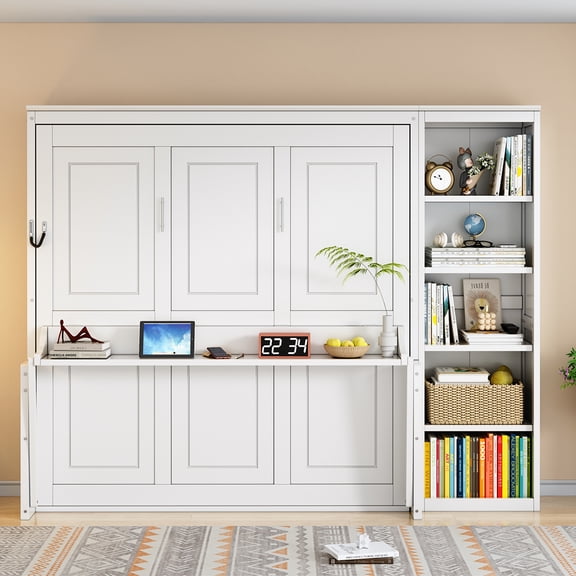 HMYG Queen Bed with Desk and Bookshelf, White