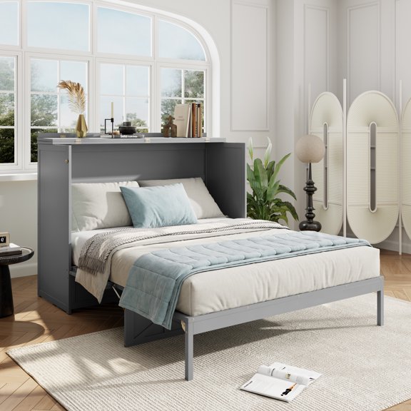 HMYG Queen Bed with Large Drawers and USB, Brushed Gray