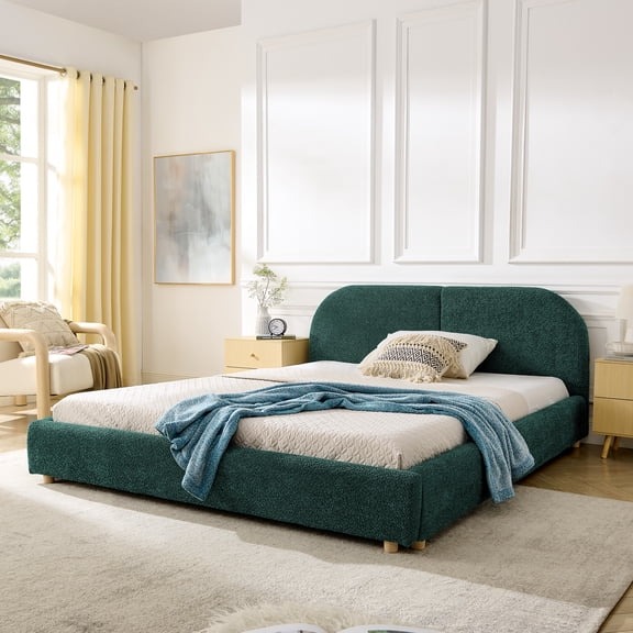 HMYG Queen Size Upholstered Bed Frame,Modern Minimalist Style with Tall Curved Headboard,Premium Circle Yarn Fabric Sturdy Leg Support,Mattress Not Included-Green