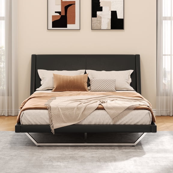 HMYG Queen PU Leather Upholstered Bed Frame with Wave-Like Curve Design and Trapezoidal Legs, Black