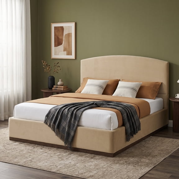 HMYG Queen Upholstered Bed with Velvet Thick Headboard and Solid Wood Base, Camel