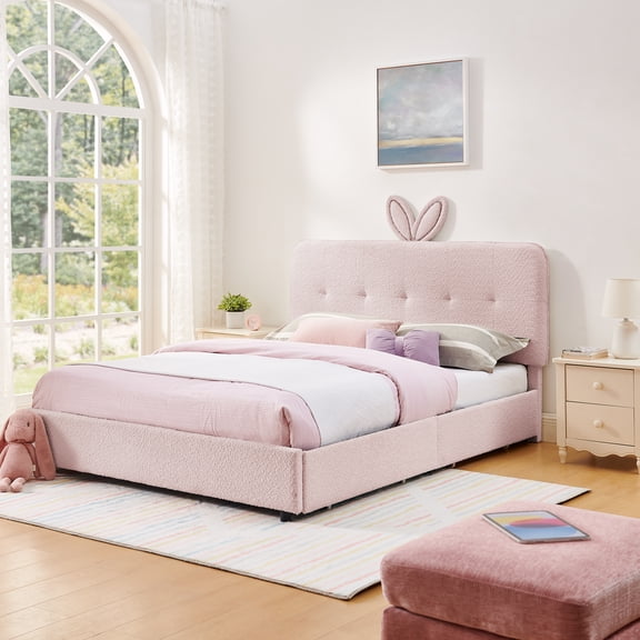 HMYG Queen Size Upholstered Bed with Oversized Rabbit Ear Headboard,LED Light 4 Storage Drawers,Fabric (84.5''X62.75''X41'')