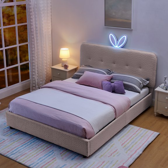 HMYG Queen Upholstered Bed with Oversized Rabbit Ear Headboard, LED Lights and 4 Drawers, Fabric