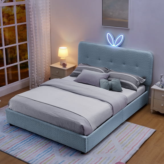 HMYG Queen Upholstered Bed with Oversized Rabbit Ear Headboard, LED Lights and 4 Drawers, Fabric