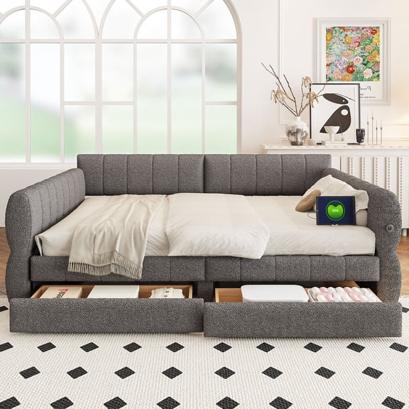 HMYG Queen Size Upholstered Platform Bed with USB and 2 Drawers,Gray