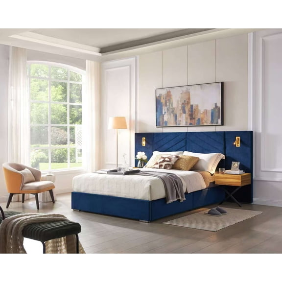 HMYG Queen Velvet Platform Bed with Wingback Headboard and Wooden Slats, Royal Blue