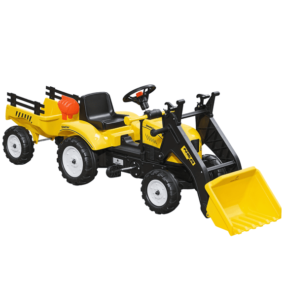 HMYG Ride-On Excavator,Pedal Car Bulldozer,Move Forward/Back with Real Working Dirt Bucket,6 Wheels, Cargo Trailer