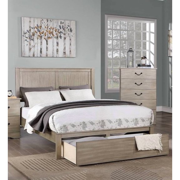 HMYG King Rustic Two-Panel Bed with Footboard Drawer, Antique Silver