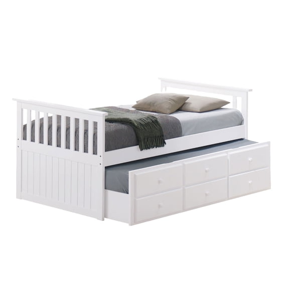 HMYG Twin Transitional Captain Bed with Trundle and 3 Drawers, White