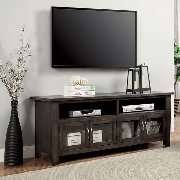 HMYG Transitional Style TV Console Base With Dual Cabinet And Two Open Shelves 3mm Tempered Glass On Cabinet Doors Rear Wearing Access Gray Finish