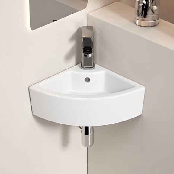 HMYG Triangle Corner Sink for Bathroom Wall Mounted Ceramic Vessel Sink White Gloss Finish Space-Saving Design for Small Bathroom Powder Room Laundry 17.13 x 12.60 x 5.12" Faucet Not Included