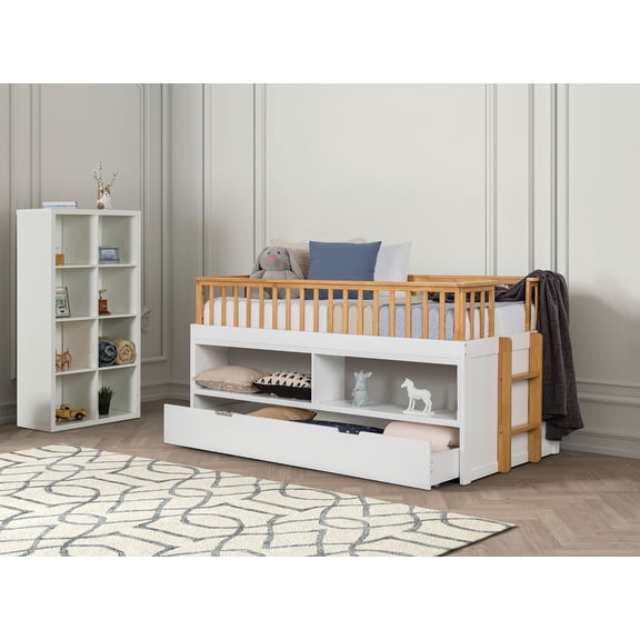 HMYG Twin Captain Bed with Trundle, Open Shelves and Ladder, White and Light Oak