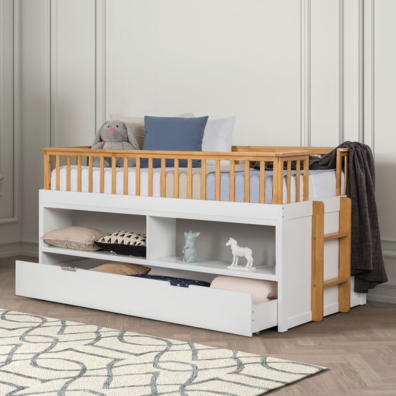 HMYG Twin Captain Bed with Trundle, Open Shelves and Ladder, White and Light Oak