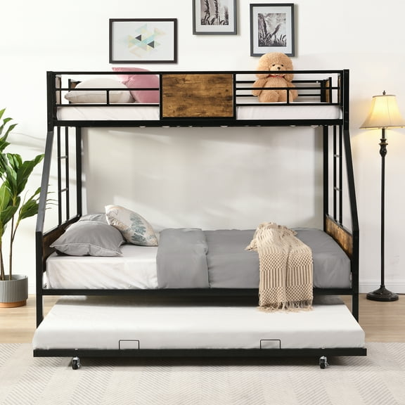 HMYG Twin Over FULL Metal Bunk Bed with Trundle 2-Side Ladder and Full-Length Guardrail,No Box Spring Needed,Large Under Bed Storage,Easy Assemble,Black Brown
