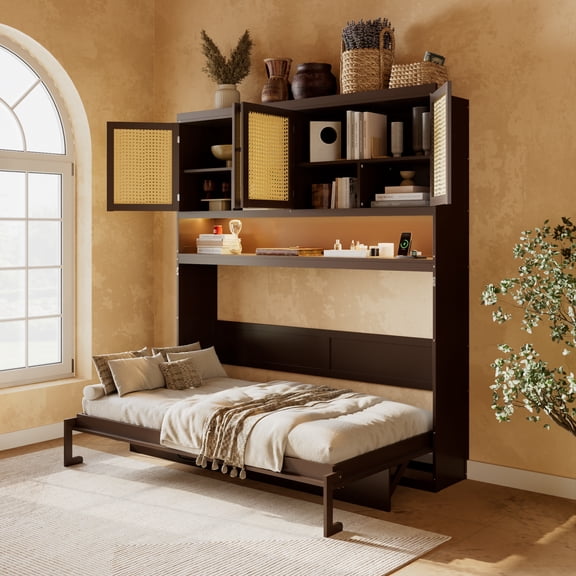 HMYG Twin Foldable Wall Bed with Top Cabinet and USB Light, Espresso