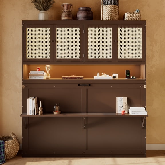 HMYG Twin Foldable Wall Bed with Top Cabinet and USB Light, Espresso