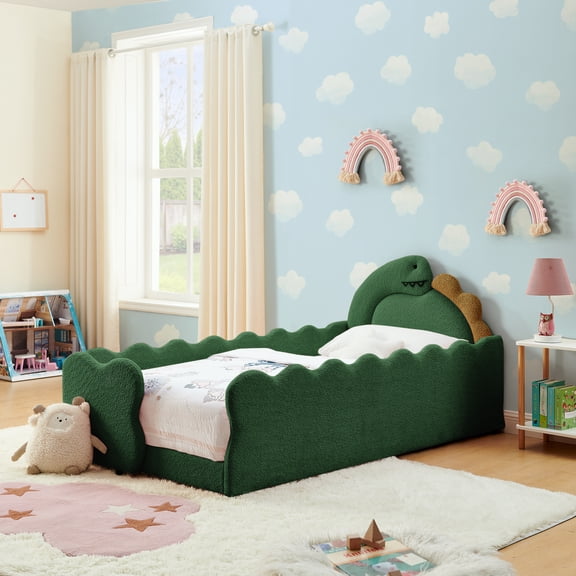 HMYG Twin Cute Dinosaur-Shaped Bed with Safety Guardrails, Fabric
