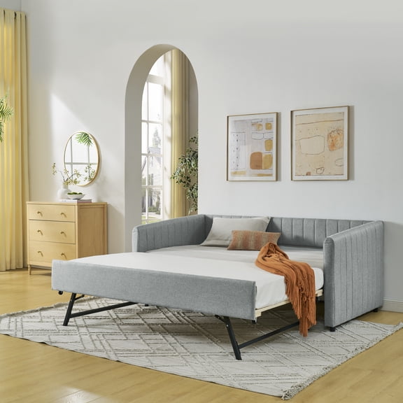 HMYG Twin Upholstered Daybed with Trundle, Vertical Stripes, Linen, Grey