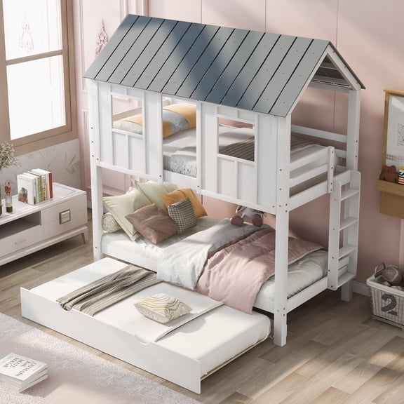 HMYG Twin Size House Bunk Bed with Trundle,Roof and Windows,White+Grey