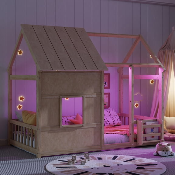 HMYG Twin Size House Floor Bed With 7 Colors LED Light of Natural Color