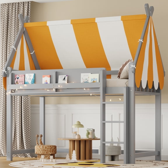 HMYG Twin Loft Bed with Canopy and LED Bookshelf, Gray