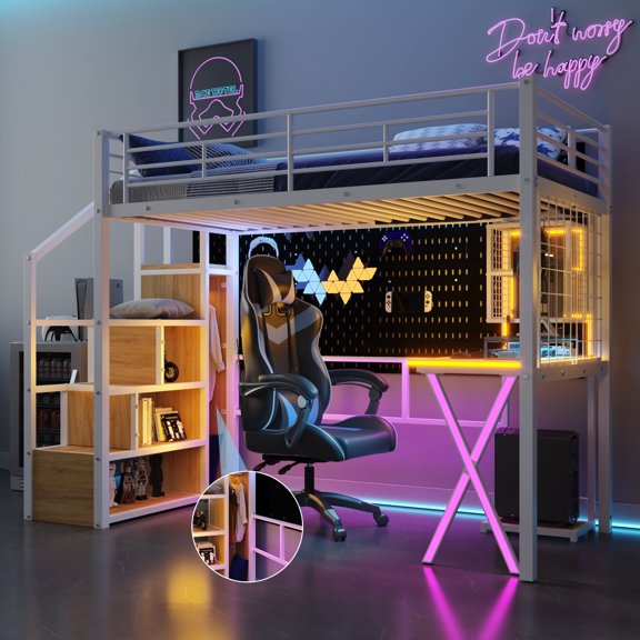 HMYG Twin Size Metal Loft Bed with Built-in Work Station,Wardrobe,Storage Staircase and LED,White