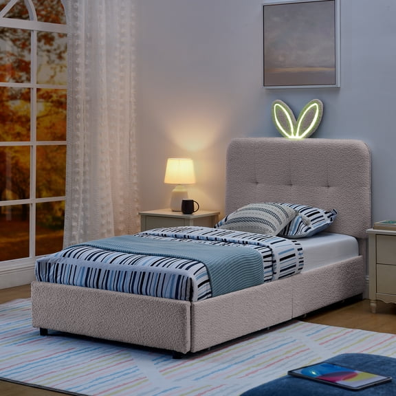 HMYG Twin Upholstered Bed with Oversized Rabbit Ear Headboard, LED Lights and 4 Drawers, Fabric