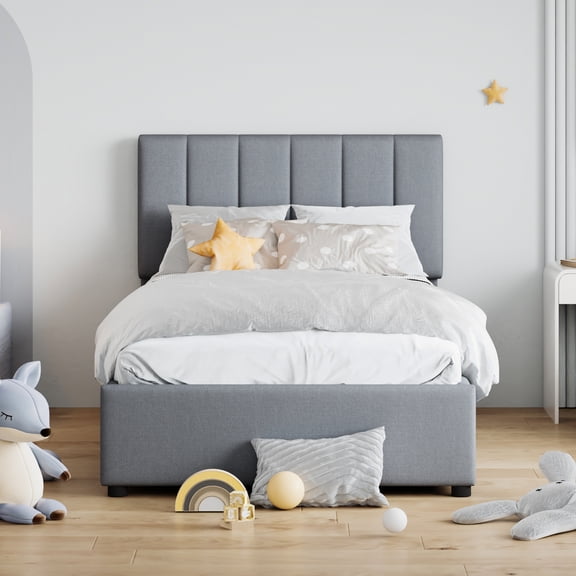 HMYG Twin Upholstered Platform Bed with Hydraulic Storage, Gray