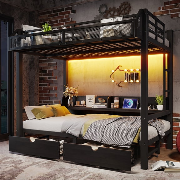 HMYG Twin over Twin Metal Bunk Bed with Storage Shelves, Drawers, USB Ports and LED Lights, Lower Converts to Sofa, Black