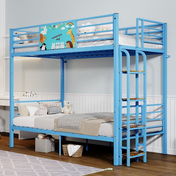 HMYG Twin over Twin Metal Floor Bunk Bed with Ladder, Heavy-Duty Slats, Blue