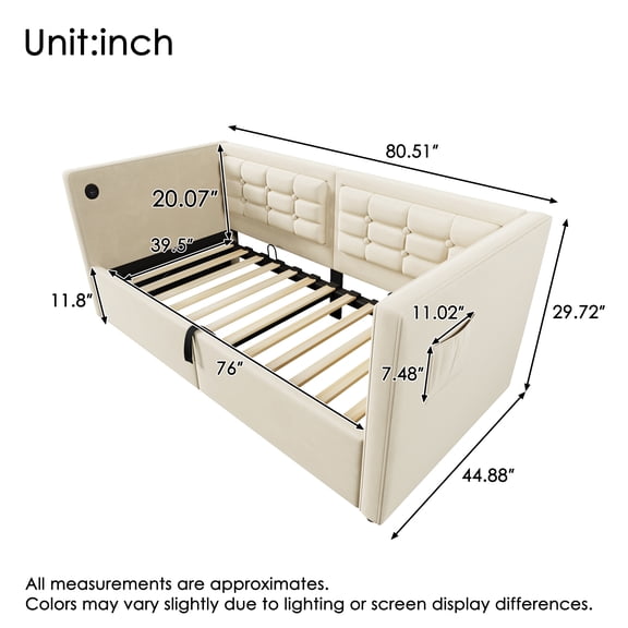 HMYG Twin Upholstered Daybed with Hydraulic Storage, USB-C Charging and Tufted Back, Velvet, Beige