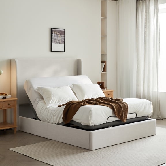 HMYG Upholstered Wingback Bed with Adjustable Base Bundle Set,Queen Size/Textured Ivory Canvas Chenille,Head Foot Incline,Zero Gravity,Massage,App Remote Control,Easy Assembly,No-Noise