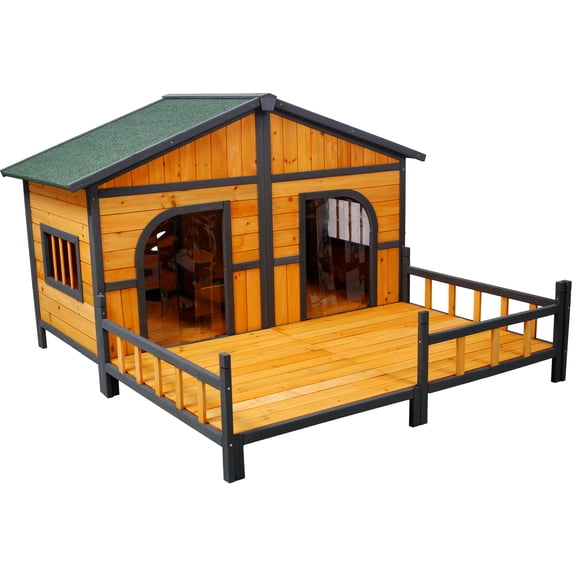 HMYG Wooden Large Dog House Outdoor Double XL Dog Kennel with Elevated Floor and Porch,Weatherproof Puppy Shelter for Small and Medium Breed Dogs,Natural