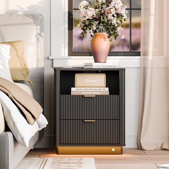 HMstone 2 Drawers Fluted Nightstands with Charging Station, Modern Bedside Table with Lighting and Open Shelf, Wooden Curved Night Stand for Bedroom Living Room, Black