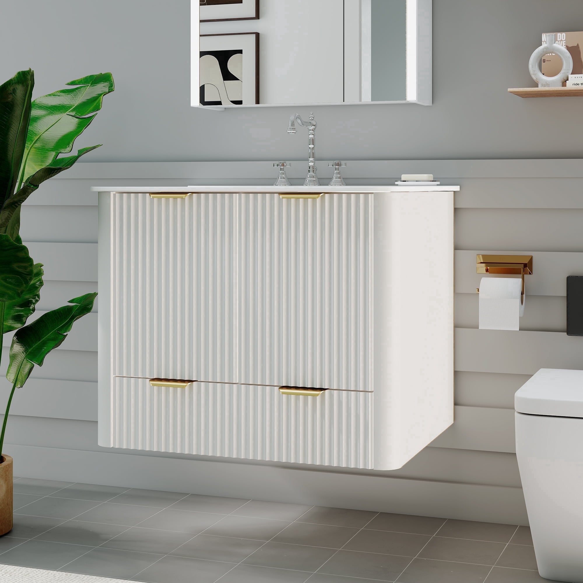 HMstone 24 Inch Bathroom Vanity with Sink Combo, Wall Mounted Floating Bathroom Cabinet with 2 Doors 1 spacious Drawer, Mid-Century Modern Bathroom small Vanity with Storage Cabinet, White