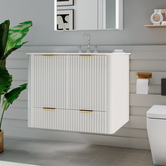 HMstone 24 Inch Bathroom Vanity with Sink Combo, Wall Mounted Floating Bathroom Cabinet with 2 Doors 1 spacious Drawer, Mid-Century Modern Bathroom small Vanity with Storage Cabinet, White