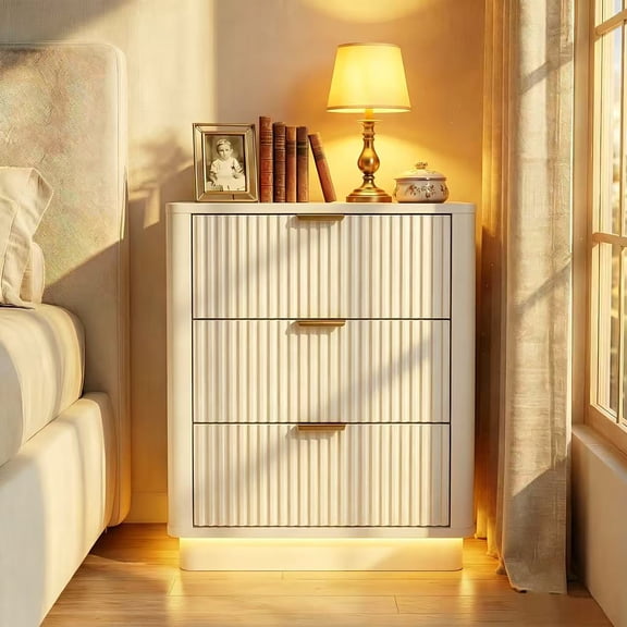 HMstone 3 Drawers Fluted Nightstands with Charging Station, Modern Bedside Table with Lighting, Wooden Curved Night Stand for Bedroom Living Room, White