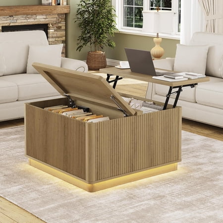 HMstone 31.5" Lift Top Coffee Table with Storage, Modern Square Coffee Tables with LED Lighting and Power Outlet, Farmhouse Square Center Table for Living Room, Home Office, Natural