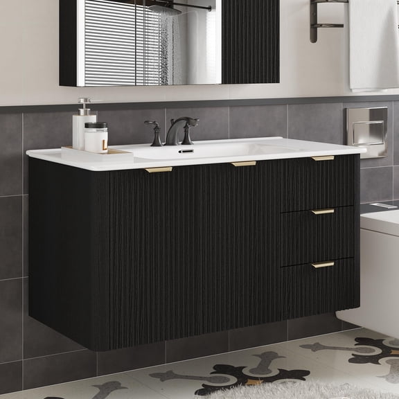 HMstone 36 Inch Bathroom Vanity with Sink Combo, Wall Mounted Floating Bathroom Cabinet with 2 Doors 2 Drawers, Mid-Century Modern Bathroom Vanity with Storage Cabinet, Black