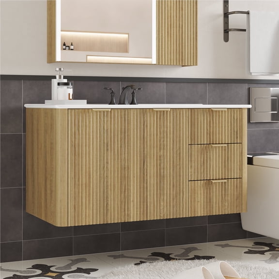 HMstone 36 Inch Bathroom Vanity with Sink Combo, Wall Mounted Floating Bathroom Cabinet with 2 Doors 2 Drawers, Mid-Century Modern Bathroom Vanity with Storage Cabinet, Natural