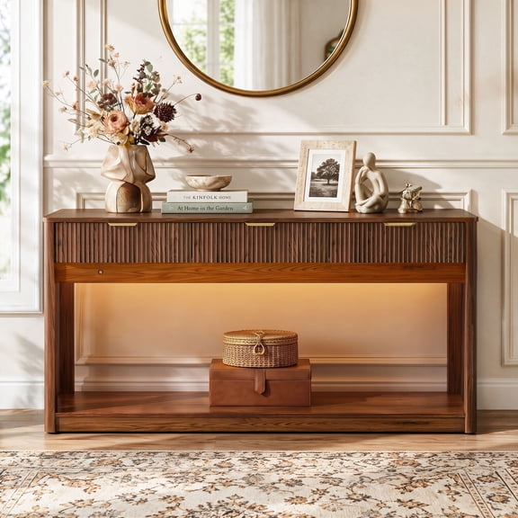 HMstone 63’’ Fluted Console Table with 3 Drawers and Storage Shelf, Modern Entryway Table with LED Light, Narrow Sofa Table Behind Sofa for Living Room, Hallway, Walnut