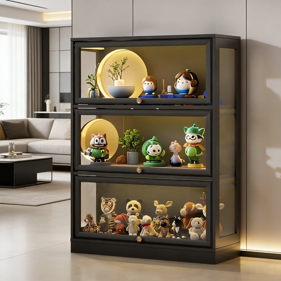 HMstone Display Cabinet with Acrylic Glass Doors, 3-Tiers Curio Display Case with LED Lights, 42’’H Storage Cabinet for Collectibles, Books, Toys, Black