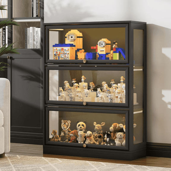 HMstone Display Cabinet with Acrylic Glass Doors, 3-Tiers Curio Display Case with LED Lights, 42’’H Storage Cabinet for Collectibles, Books, Toys, Black