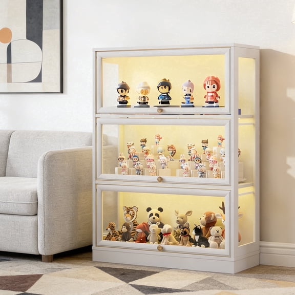 HMstone Display Cabinet with Acrylic Glass Doors, 3-Tiers Curio Display Case with LED Lights, 42’’H Storage Cabinet for Collectibles, Books, White