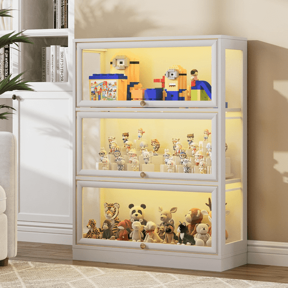 HMstone Display Cabinet with Acrylic Glass Doors, 3-Tiers Curio Display Case with LED Lights, 42H Storage Cabinet for Collectibles, Books, Toys, White